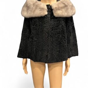 Gorgeous 1950s black vintage broadtail jacket with Palomino mink fur collar RARE
